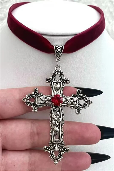 Kırmızı Gothic Cross Vintage Kadife Tasma