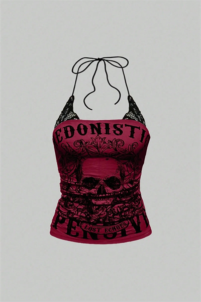 Kırmızı Hedonistic Skull Dantel Detaylı Y2K Askılı Crop