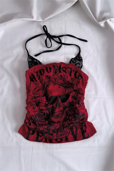 Kırmızı Hedonistic Skull Dantel Detaylı Y2K Askılı Crop
