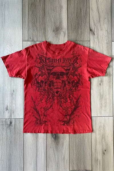 Kırmızı Miami Ink Vintage Skull Gotik Y2K Unisex T-Shirt