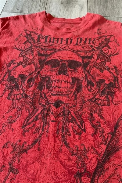 Kırmızı Miami Ink Vintage Skull Gotik Y2K Unisex T-Shirt