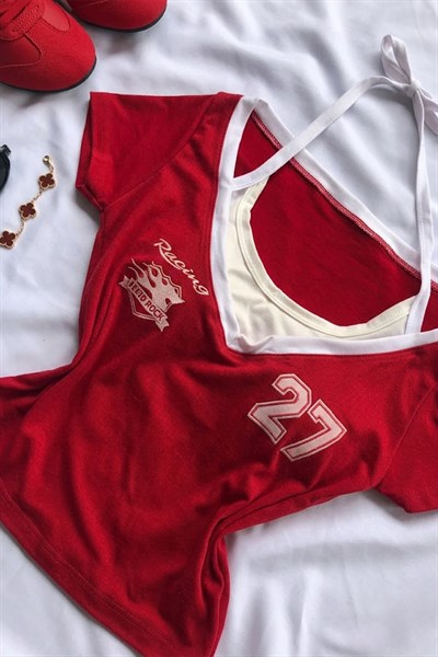 Kırmızı Racing 27 Number Ek Askılı Y2K Kısa Kollu Crop