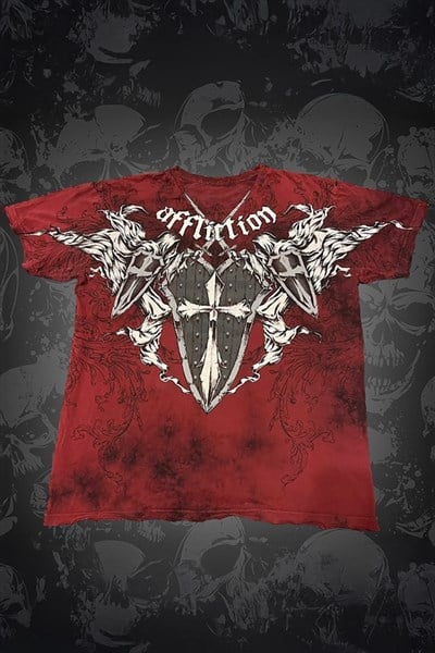 Kırmızı Yıkamalı Affliction Shield Sword Gotik Y2K Unisex T-Shirt