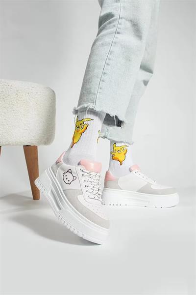 Krem White Cat Baskılı Yüksek Taban Bağcıklı Sneaker Ayakkabı