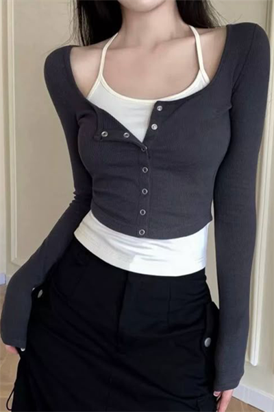 Lacivert Beyaz Ekli Düğmeli Askılı Street Y2K Uzun Kollu Crop