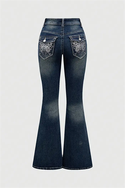 Lacivert Butterfly Cep Detaylı İspanyol Paça Y2K Pantolon