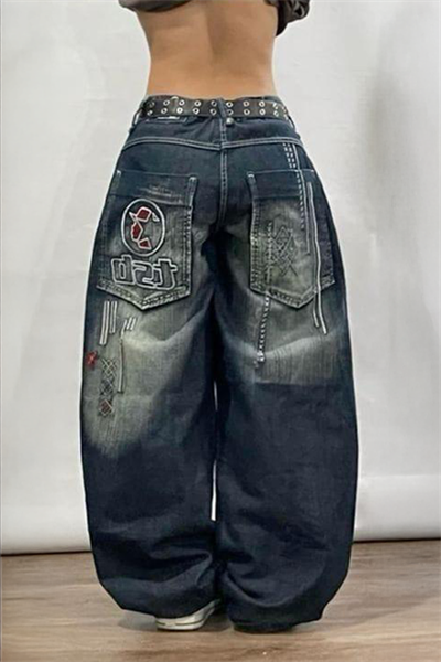 Lacivert D2T Vintage Yıkamalı Baggy Y2K Pantolon