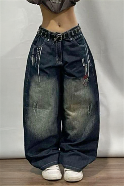 Lacivert D2T Vintage Yıkamalı Baggy Y2K Pantolon