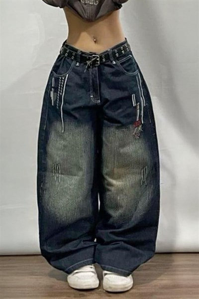 Lacivert D2T Vintage Yıkamalı Baggy Y2K Pantolon 