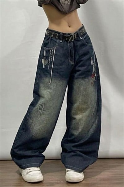 Lacivert D2T Vintage Yıkamalı Baggy Y2K Pantolon 