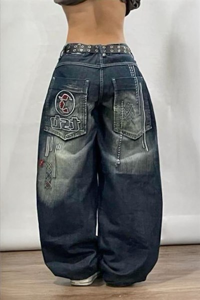 Lacivert D2T Vintage Yıkamalı Baggy Y2K Pantolon 