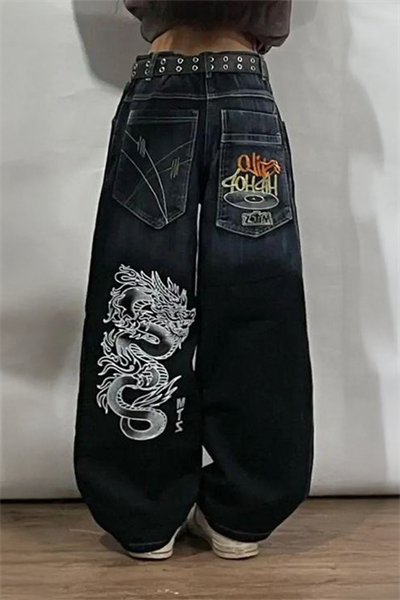 Lacivert Dragon Vintage Yıkamalı Baggy Y2K Pantolon