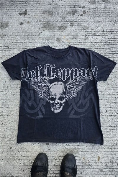 Siyah Gotik Def Leppard Skull Y2K Unisex T-Shirt