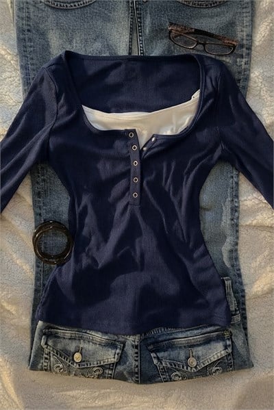 Lacivert Henley Yaka Ekli Grunge Y2K Uzun Kollu Crop