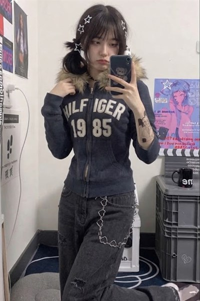 Lacivert Hilfiger 1985 Kürk Detaylı Y2K Kapüşonlu Crop Hırka
