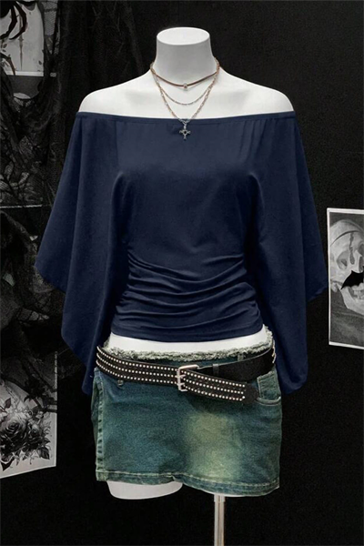 Lacivert Madonna Yaka Yarasa Kol Düz Y2K Uzun Kollu Crop