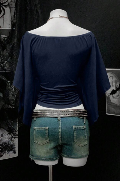 Lacivert Madonna Yaka Yarasa Kol Düz Y2K Uzun Kollu Crop