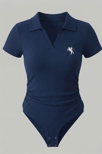 Lacivert Polo Ribana Y2K Çıtçıtlı Body