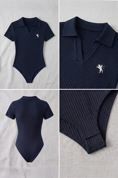 Lacivert Polo Ribana Y2K Çıtçıtlı Body