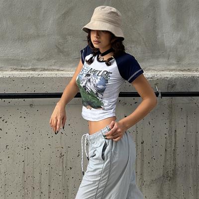 Lacivert Raglan Kollu Back To Nature Gri Melanj Kısa Kollu Crop
