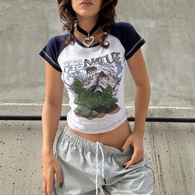 Lacivert Raglan Kollu Back To Nature Gri Melanj Kısa Kollu Crop