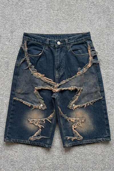 Lacivert Taşlamalı Star Vintage Y2K Unisex Baggy Şort
