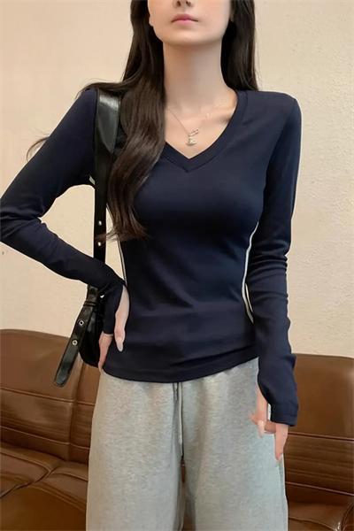 Lacivert V Yaka Beyaz Çift Şeritli Harajuku Y2K Uzun Kollu Crop