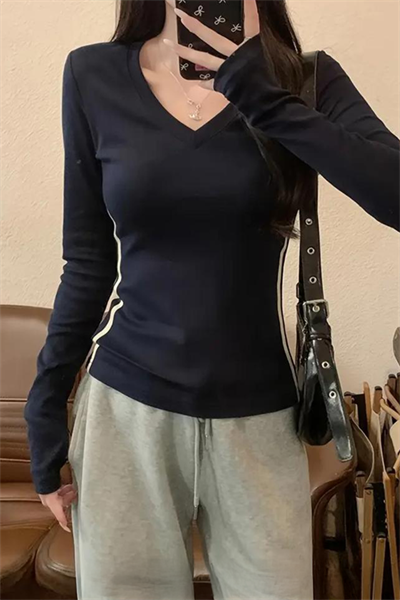 Lacivert V Yaka Beyaz Çift Şeritli Harajuku Y2K Uzun Kollu Crop