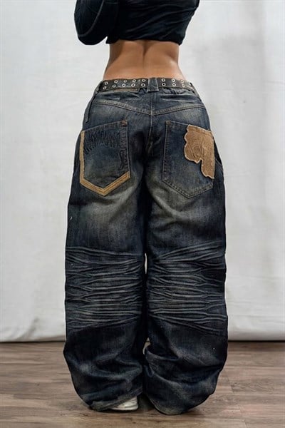 Lacivert Vintage Eskitme Baskılı Streetwear Unisex Baggy Pantolon