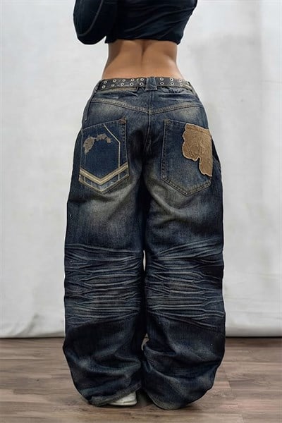 Lacivert Vintage Eskitme Baskılı Streetwear Unisex Baggy Pantolon