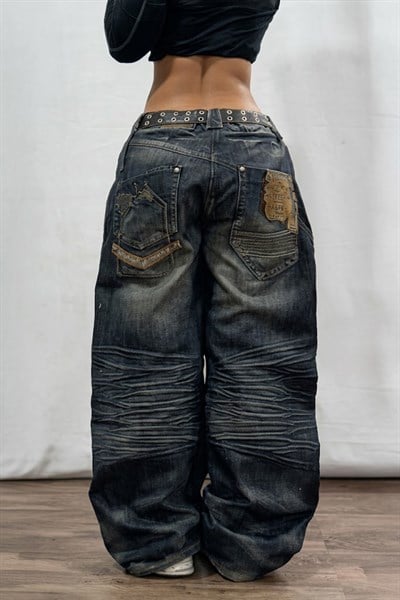 Lacivert Vintage Eskitme Baskılı Streetwear Unisex Baggy Pantolon