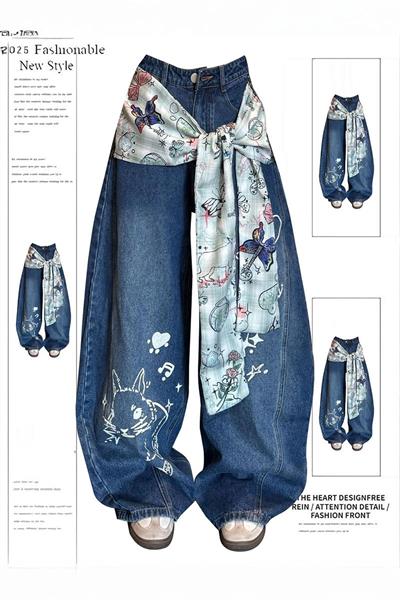 Lacivert Vintage Fularlı Tavşan Baskılı Baggy Pantolon