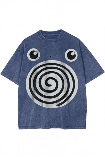 Lacivert Yıkamalı Poliwag Pokemon Unisex T-Shirt