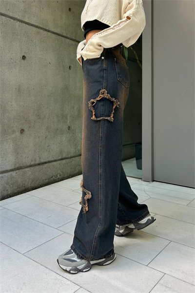 Lacivert Yıldız Yamalı Taşlanmış Vintage Baggy Kot Pantolon