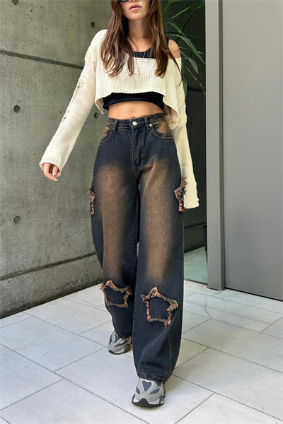 Lacivert Yıldız Yamalı Taşlanmış Vintage Baggy Kot Pantolon