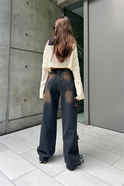 Lacivert Yıldız Yamalı Taşlanmış Vintage Baggy Kot Pantolon