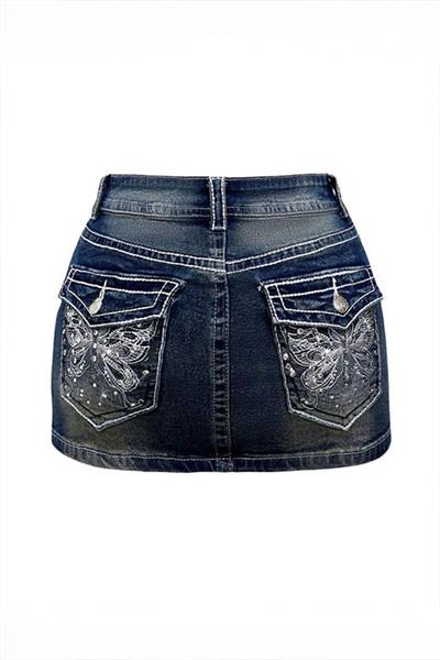 Mavi Butterfy İşlemeli Y2K Kot Etek