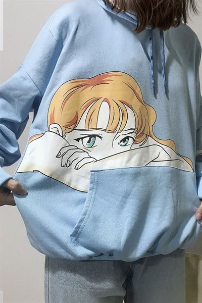 Mavi Comic Girl Anime Y2K Unisex Kapüşonlu Sweatshirt