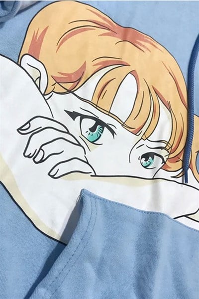 Mavi Comic Girl Anime Y2K Unisex Kapüşonlu Sweatshirt