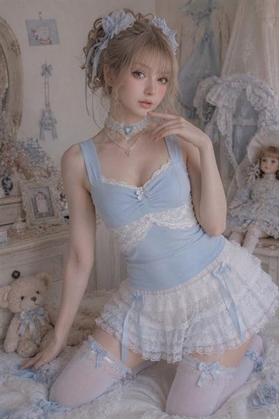 Mavi Dantel Detaylı Fiyonklu Vintage Y2K Askılı Crop