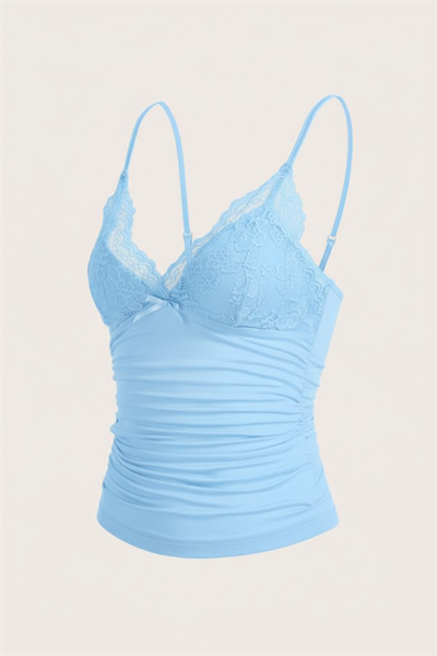 Mavi Dantel Detaylı Fiyonklu Y2K Askılı Crop