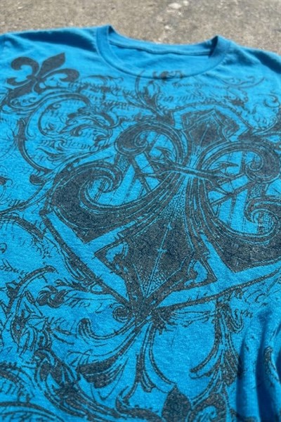 Mavi Fleur-De-Lis Gotik Y2K Kısa Kollu Crop