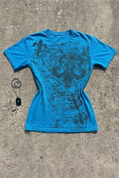 Mavi Fleur-De-Lis Gotik Y2K Kısa Kollu Crop