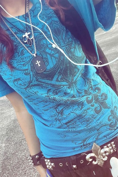 Mavi Fleur-De-Lis Gotik Y2K Kısa Kollu Crop