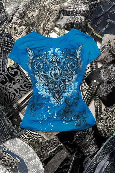 Mavi Gotik Rose Harajuku Y2K Kısa Kollu Crop