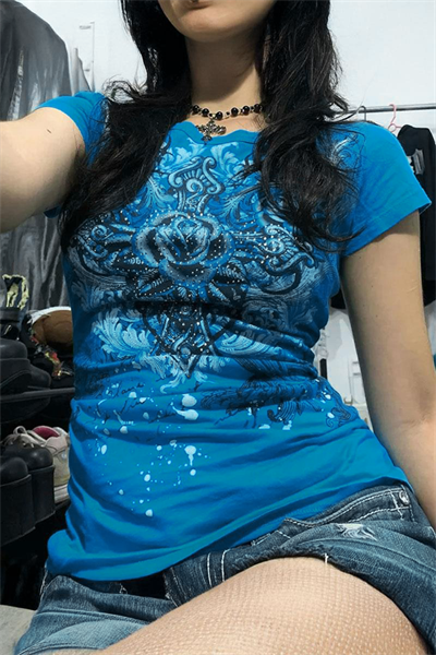 Mavi Gotik Rose Harajuku Y2K Kısa Kollu Crop