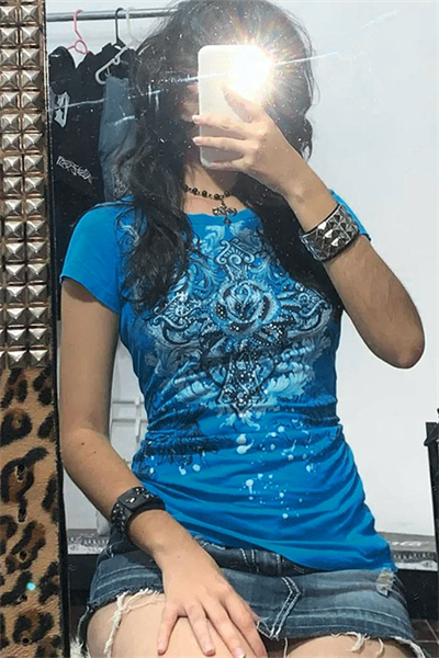 Mavi Gotik Rose Harajuku Y2K Kısa Kollu Crop