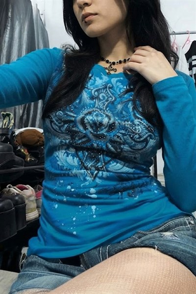 Mavi Gotik Rose Harajuku Y2K Uzun Kollu Crop