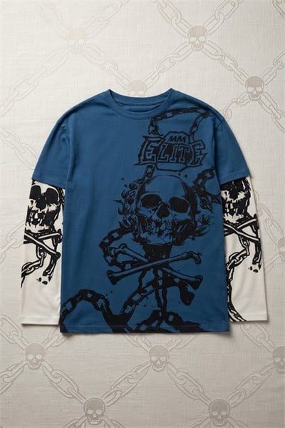Mavi Gotik Skull Beyaz Kollu Y2K Unisex Sweatshirt