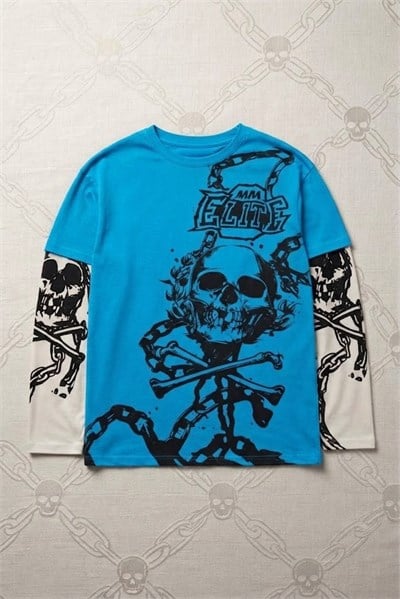 Mavi Gotik Skull Beyaz Kollu Y2K Unisex Sweatshirt